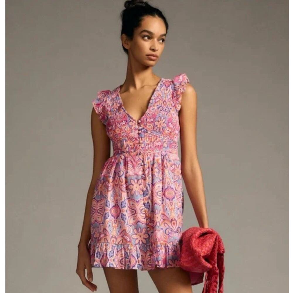 Anthropologie Pink Boho Floral Mini Dress Ruffle Sleeve Babydoll Resort Summer L